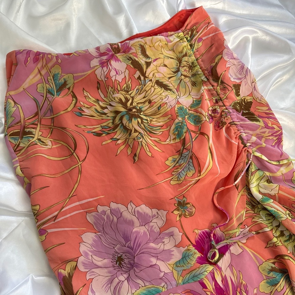 Latina Floral Ruched Ruffle Mini Skirt Coral Pink tropical Size 12 - Picture 3 of 6